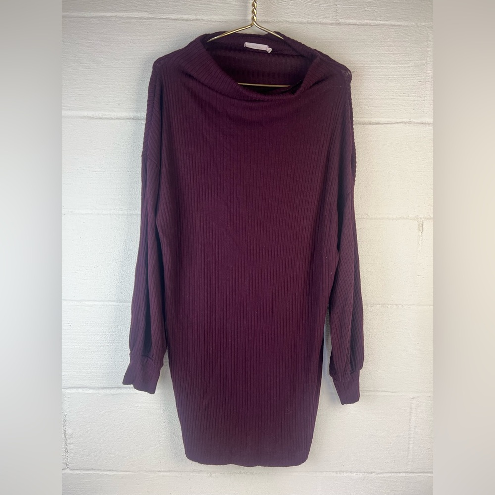 Lush Cowl Neck Burgundy Ribbed Knit Sweater Dress, Small